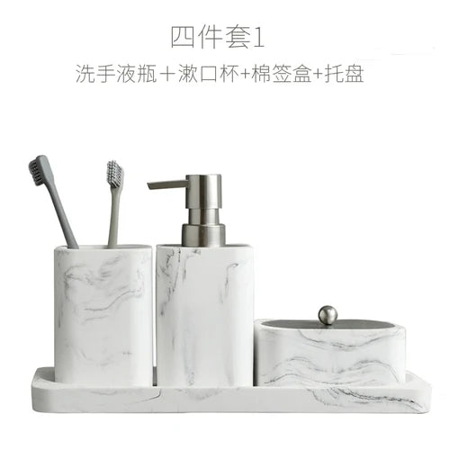 Bathroom Accessory Set Marble-Effect & Water-Resistant 4-Piece