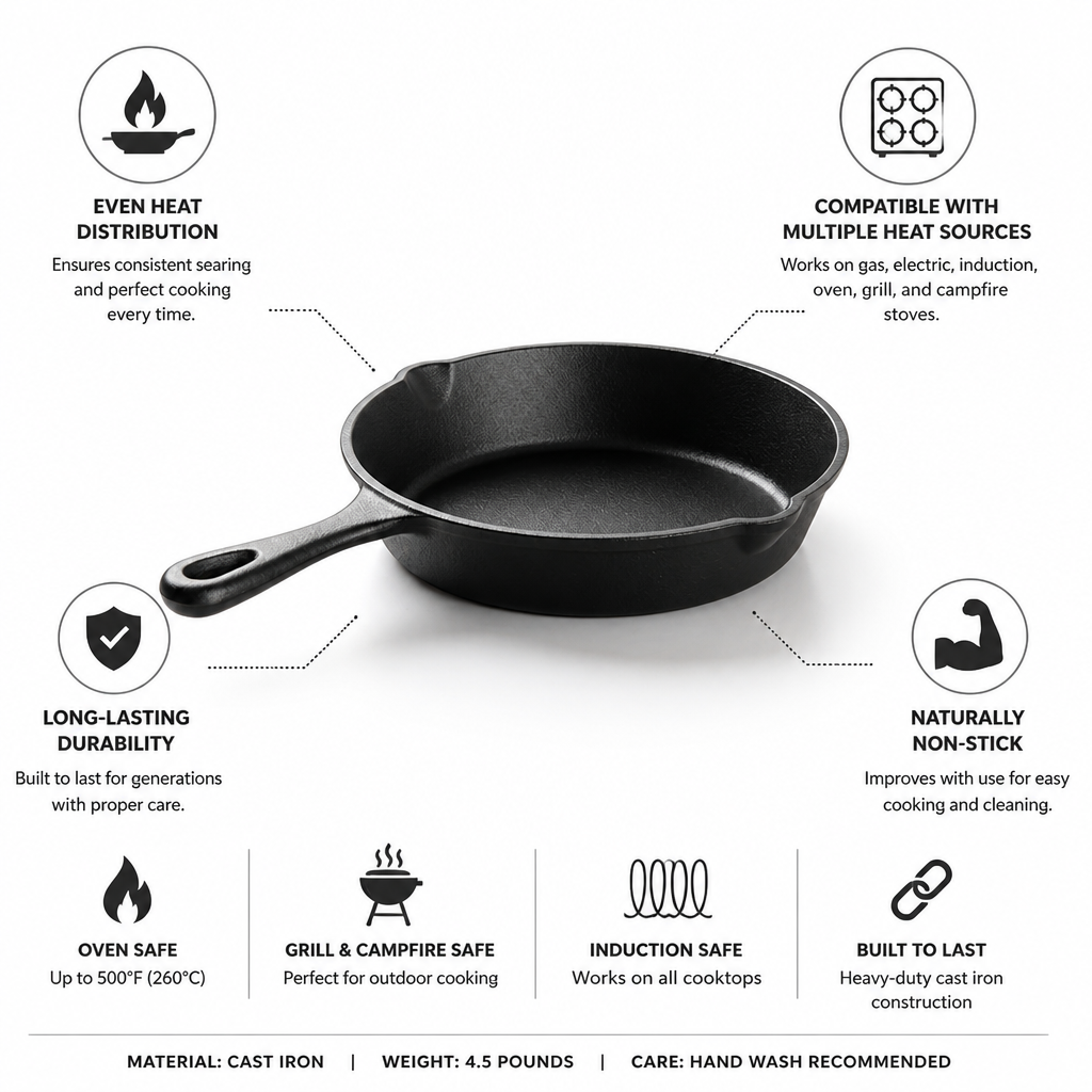 Cast Iron Skillet Oven, Grill & Induction Safe