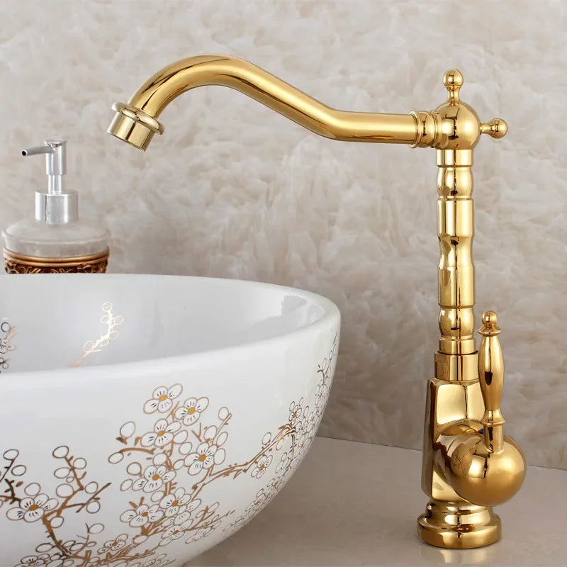Deck-Mount Basin Faucet 360° Swivel Spout Antique Gold Finish