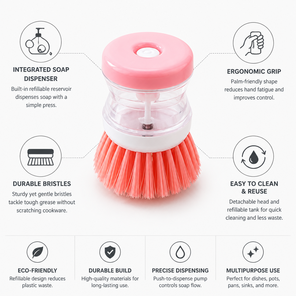 Dish Scrub Brush Refillable Soap Dispenser Ergonomic Grip