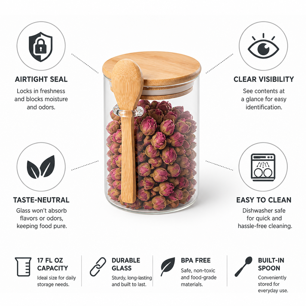 Glass Storage Jar Airtight Wooden Lid & Spoon