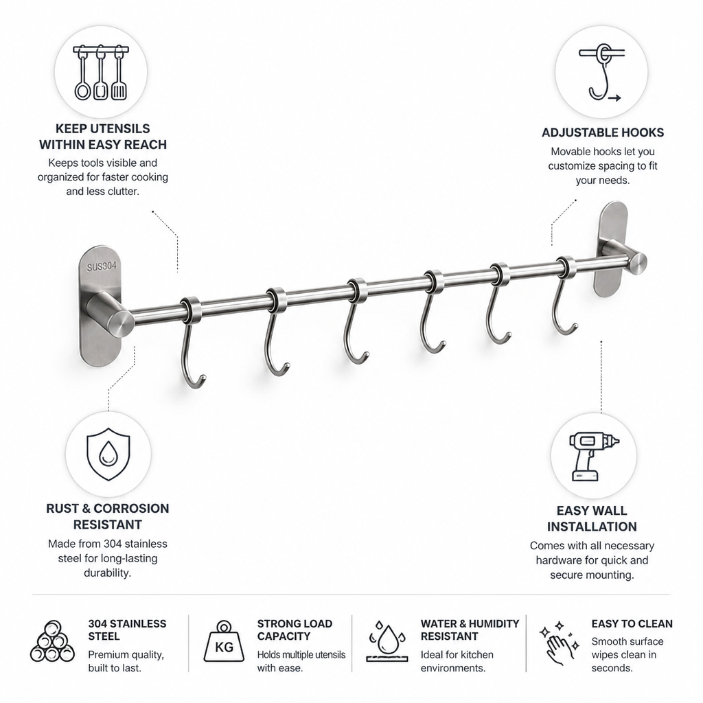 Kitchen Wall Hook Rack 304 Stainless Steel 6 Hooks