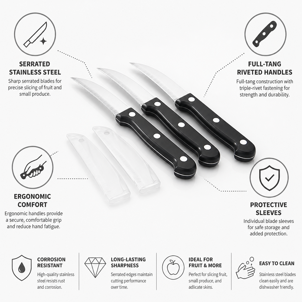 Paring Knife Set Serrated Stainless Steel Protective Sleeves
