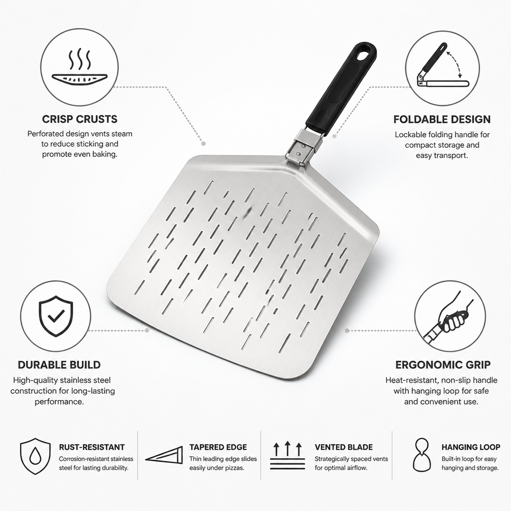 Pizza Peel Perforated Stainless Steel Foldable Lockable Handle