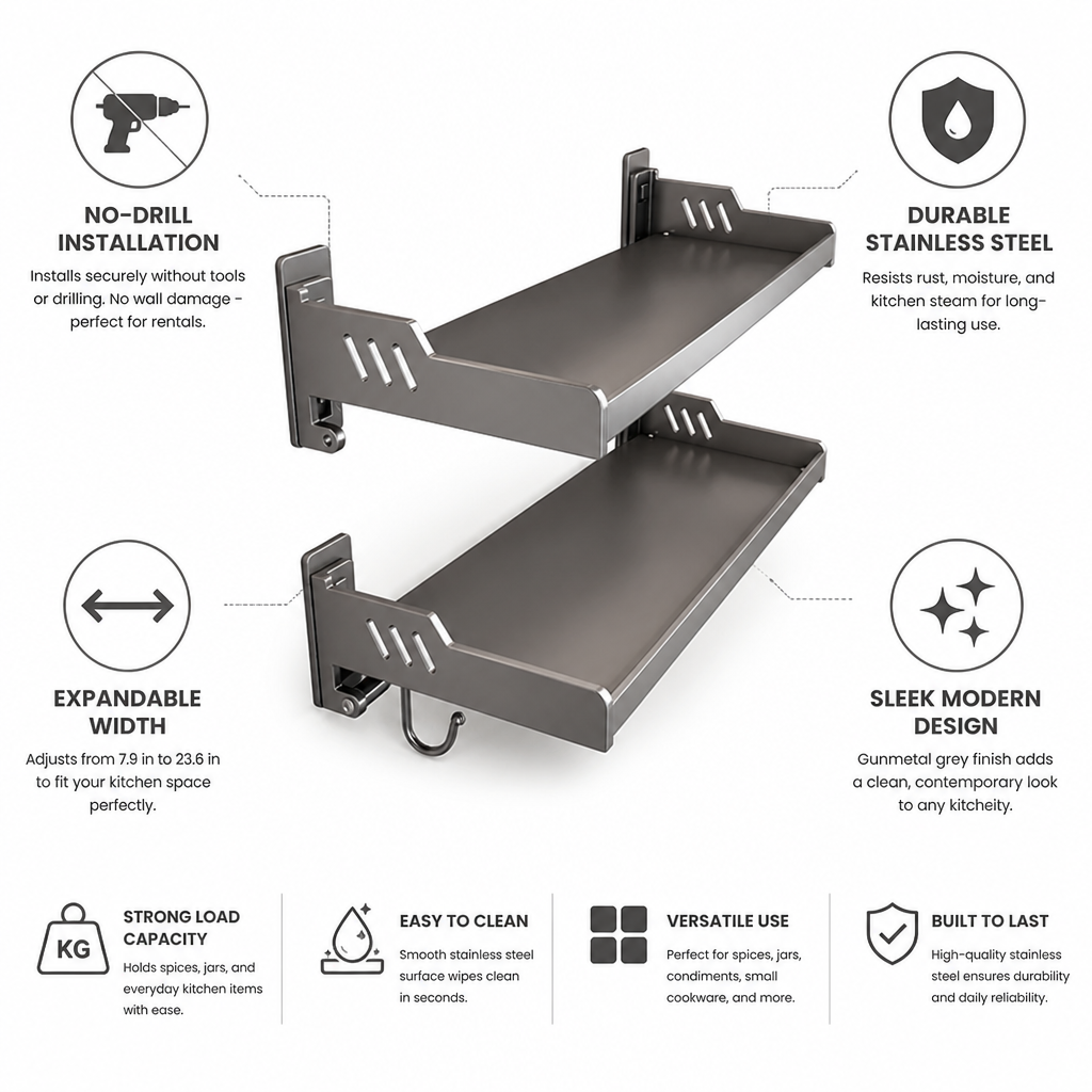 Spice Rack Stainless Steel No-Drill Expandable