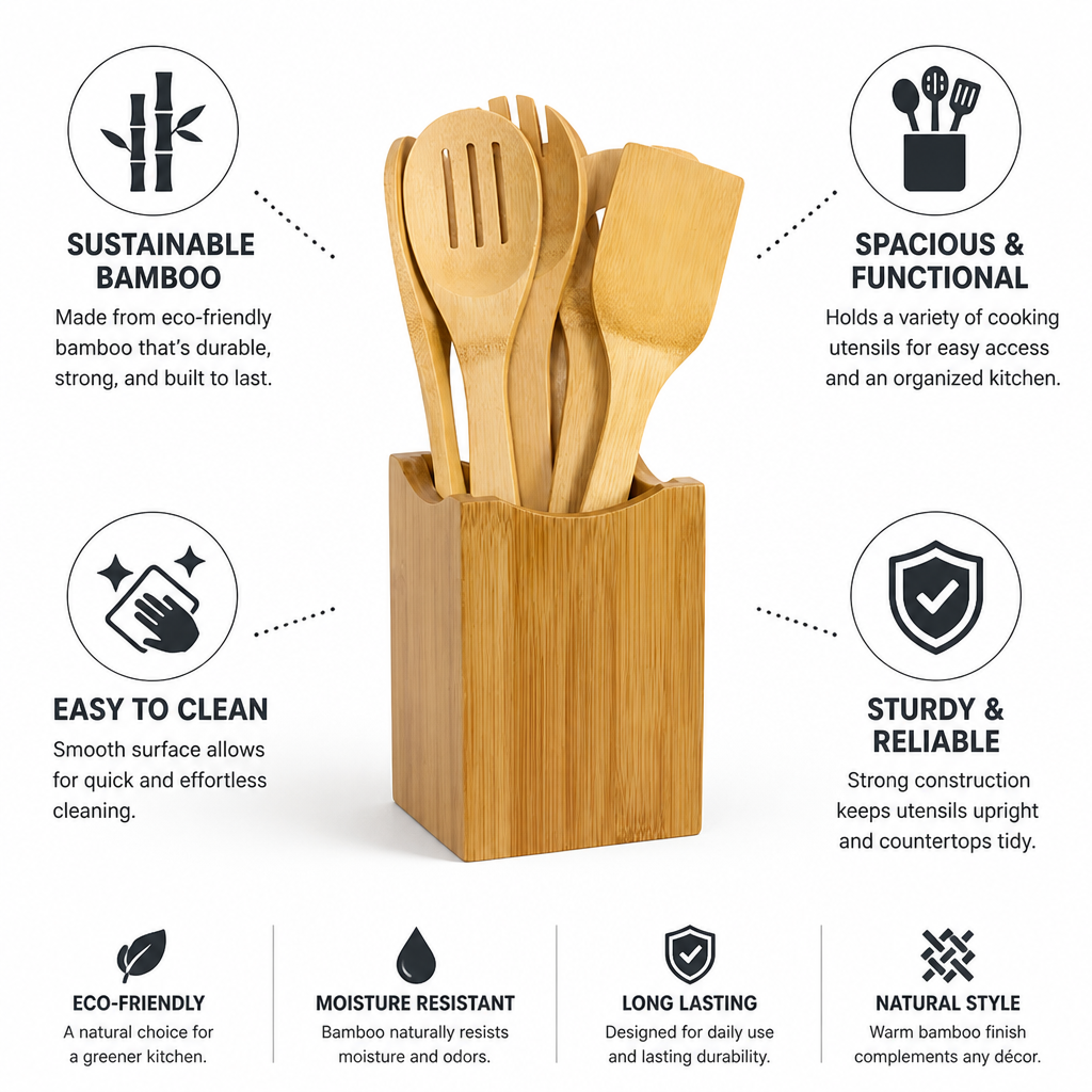 Utensil Holder Set Bamboo Countertop Organizer Easy Clean