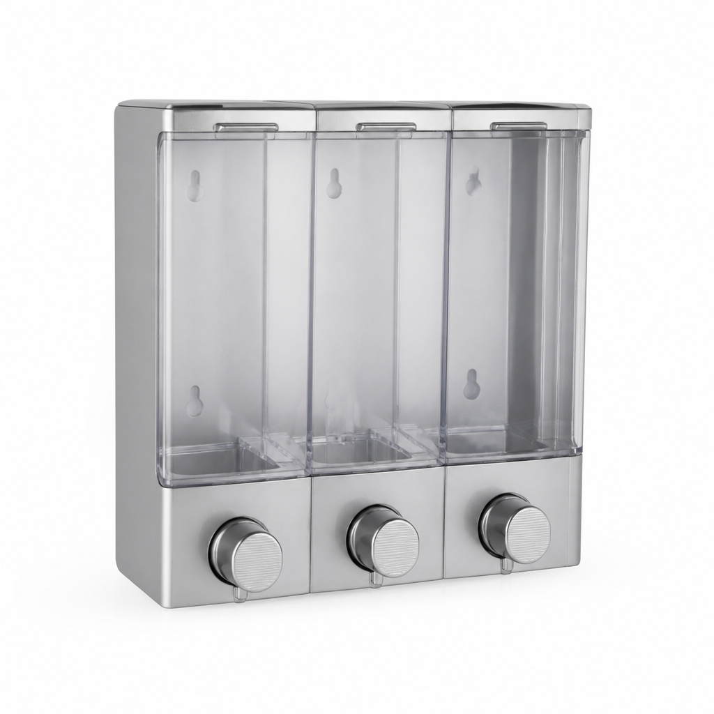 Wall-Mounted Pump Dispensing Clear Front Window Shower Dispenser (3-Chamber Refill)