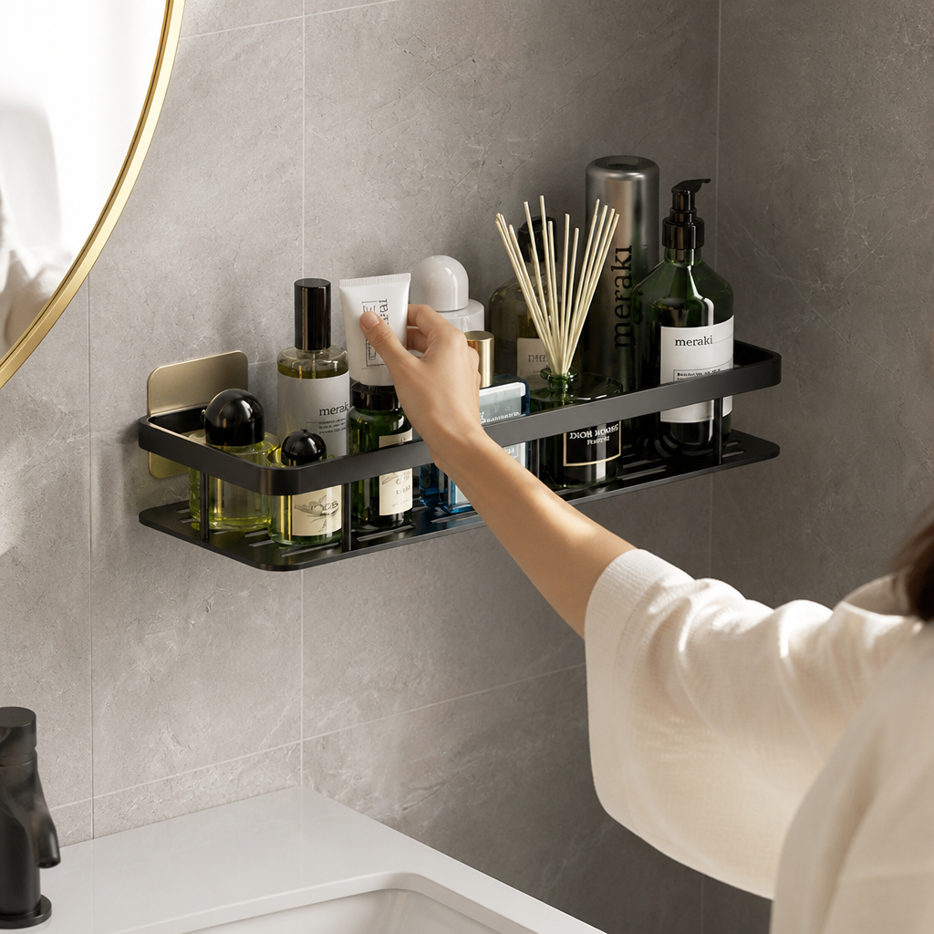 Aluminum Open-Frame Bathroom Shelf (Drill-Free Adhesive Mount)