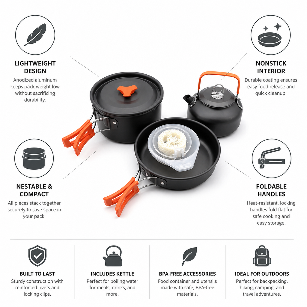 Backpacking Cookware Set Nestable Anodized Aluminum Nonstick