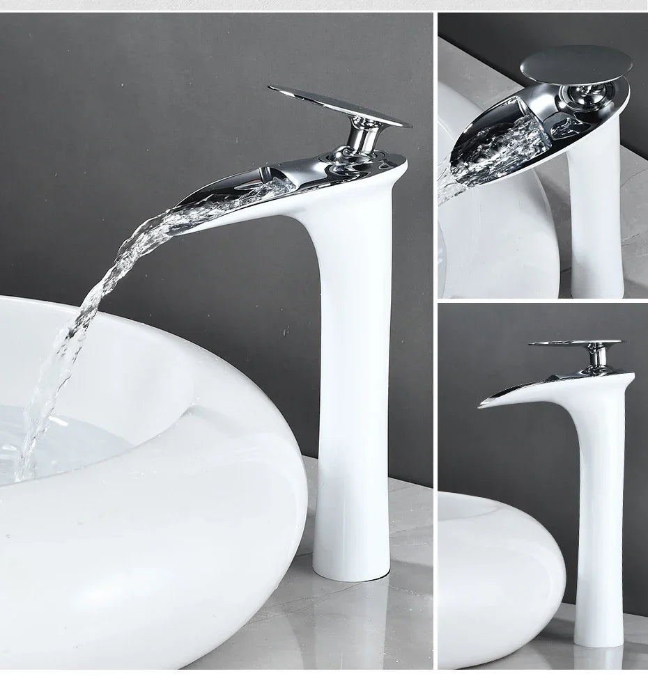 Basin Faucet Waterfall Spout Single-Handle Brass Body & Ceramic Valve
