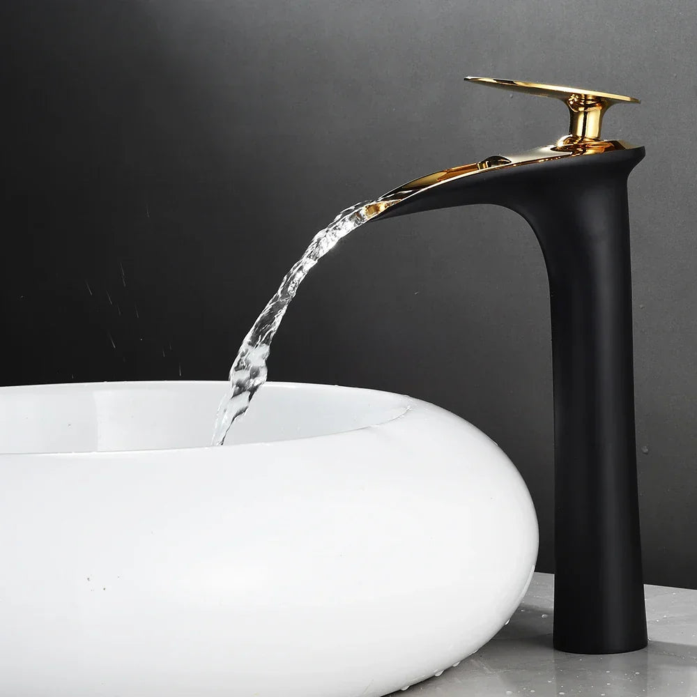 Basin Faucet Waterfall Spout Single-Handle Brass Body & Ceramic Valve