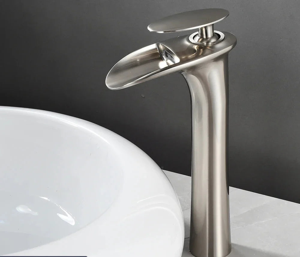 Basin Faucet Waterfall Spout Single-Handle Brass Body & Ceramic Valve