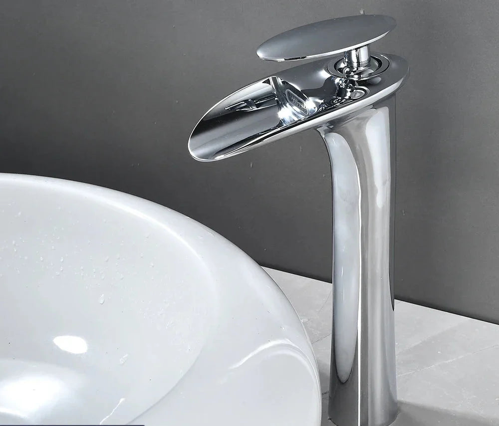 Basin Faucet Waterfall Spout Single-Handle Brass Body & Ceramic Valve