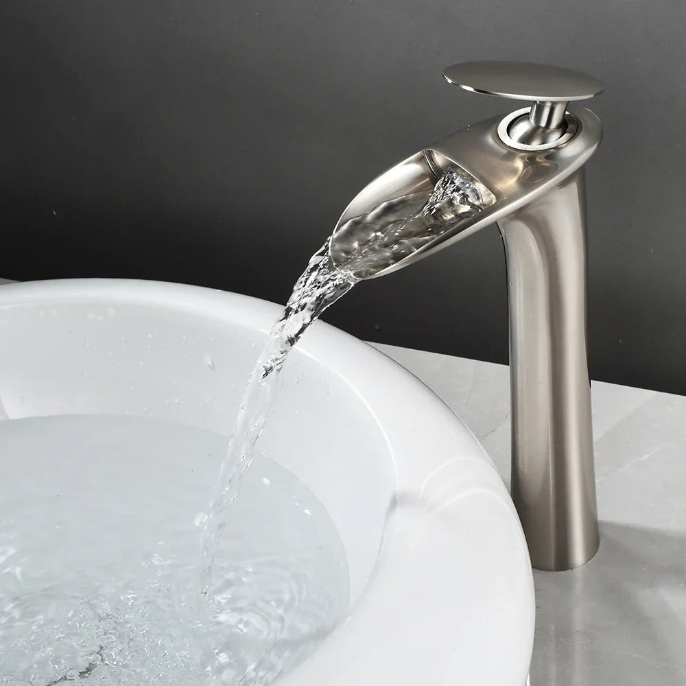 Basin Faucet Waterfall Spout Single-Handle Brass Body & Ceramic Valve
