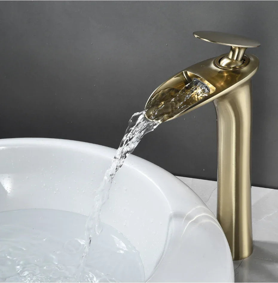 Basin Faucet Waterfall Spout Single-Handle Brass Body & Ceramic Valve