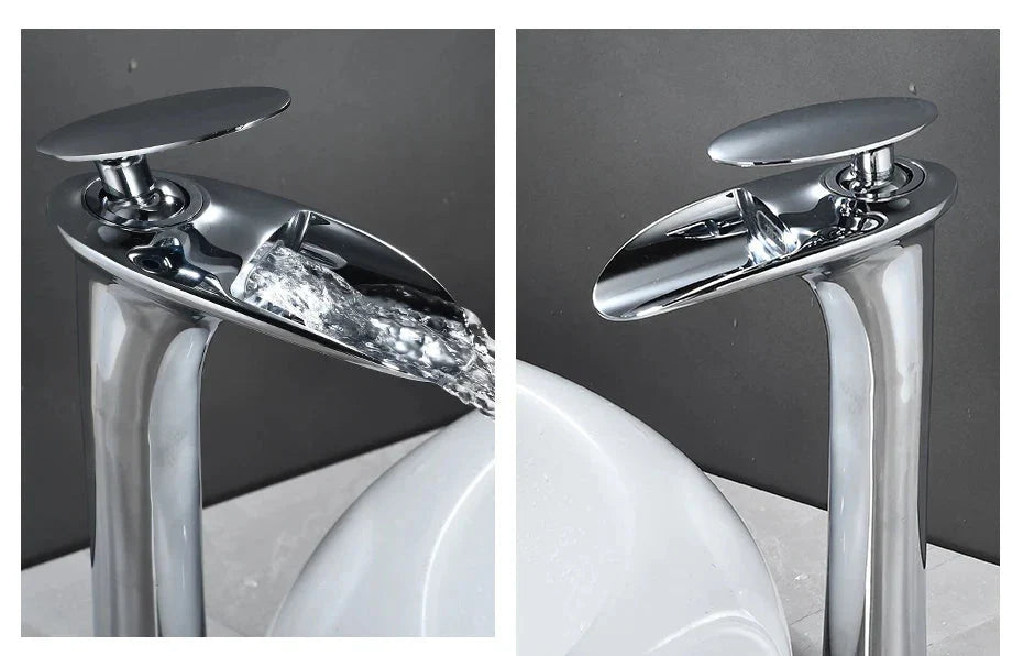 Basin Faucet Waterfall Spout Single-Handle Brass Body & Ceramic Valve