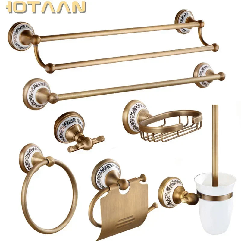 Bathroom Accessory Set Antique Brushed Brass Ceramic Accents