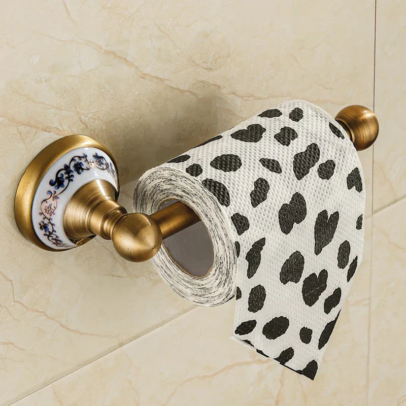 Bathroom Accessory Set Antique Brushed Brass Ceramic Accents