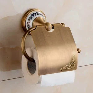 Bathroom Accessory Set Antique Brushed Brass Ceramic Accents