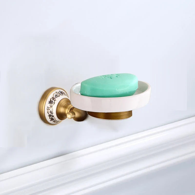 Bathroom Accessory Set Antique Brushed Brass Ceramic Accents