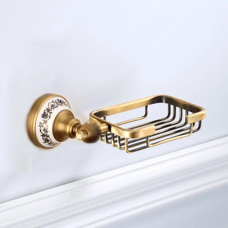 Bathroom Accessory Set Antique Brushed Brass Ceramic Accents