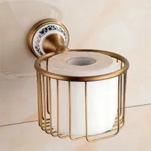 Bathroom Accessory Set Antique Brushed Brass Ceramic Accents