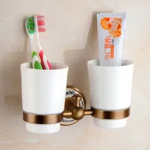 Bathroom Accessory Set Antique Brushed Brass Ceramic Accents