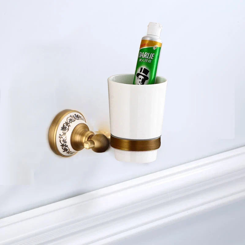 Bathroom Accessory Set Antique Brushed Brass Ceramic Accents