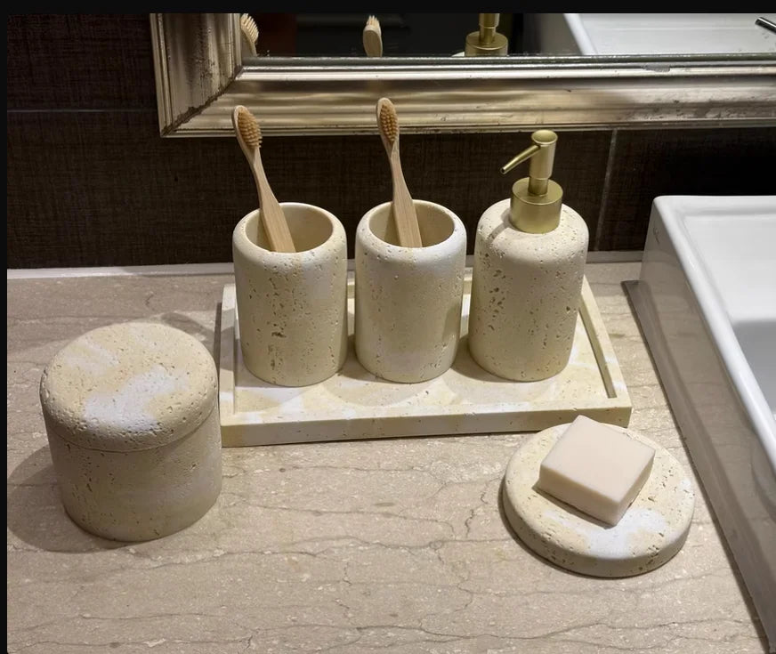 Bathroom Accessory Set Genuine Travertine Four Piece