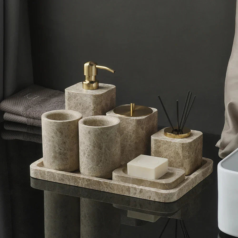 Bathroom Accessory Set Handcrafted Emperador Light Marble 7-Piece