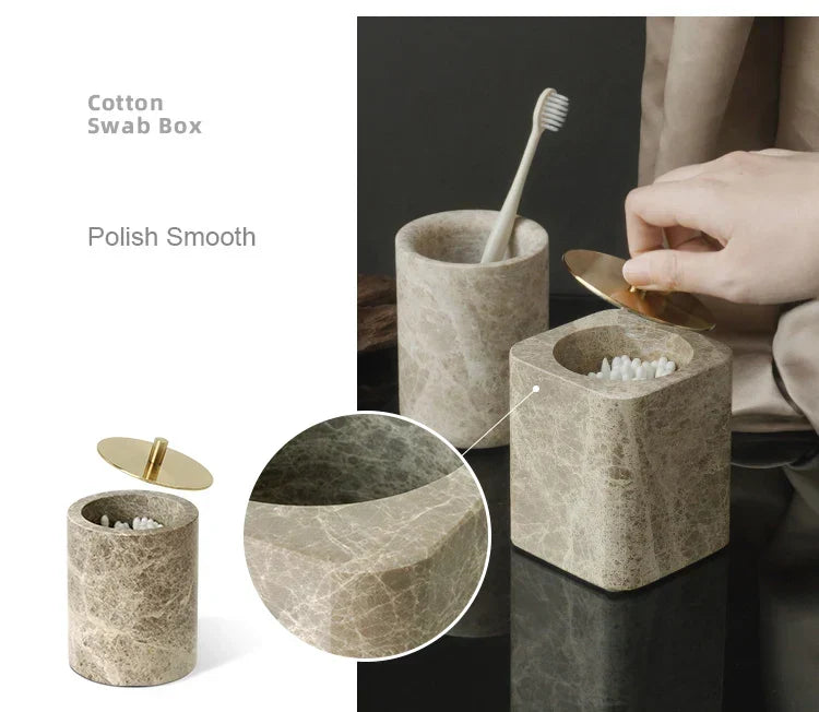 Bathroom Accessory Set Handcrafted Emperador Light Marble 7-Piece