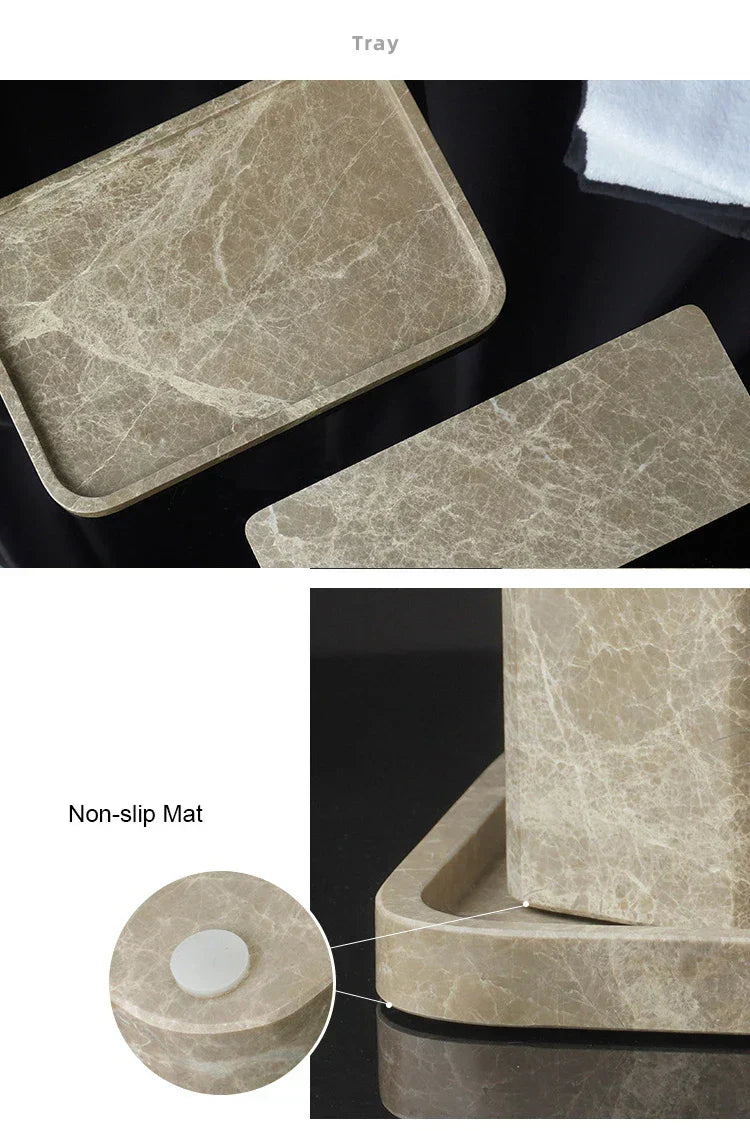 Bathroom Accessory Set Handcrafted Emperador Light Marble 7-Piece