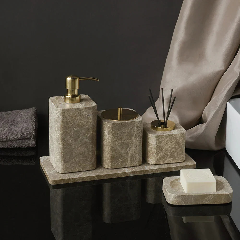 Bathroom Accessory Set Handcrafted Emperador Light Marble 7-Piece