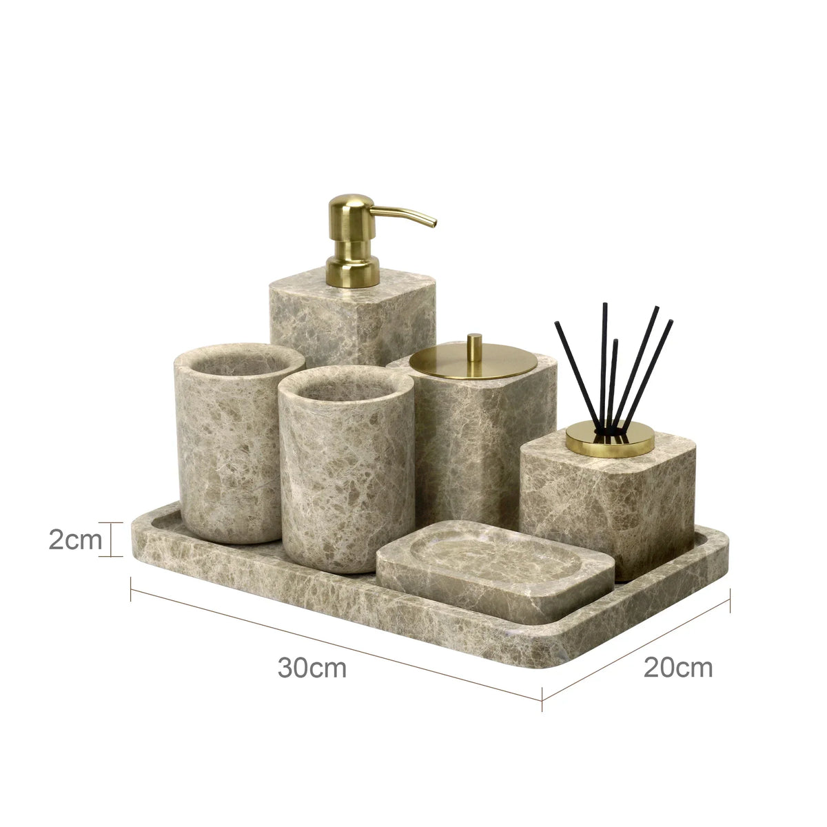Bathroom Accessory Set Handcrafted Emperador Light Marble 7-Piece