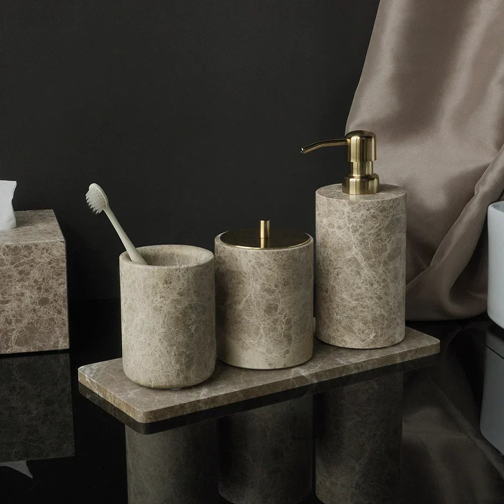 Bathroom Accessory Set Handcrafted Emperador Light Marble 7-Piece