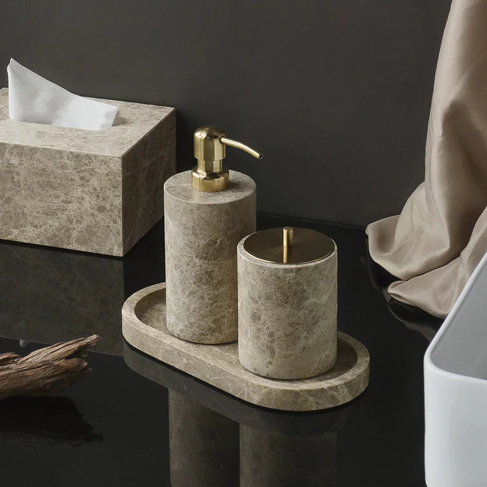 Bathroom Accessory Set Handcrafted Emperador Light Marble 7-Piece