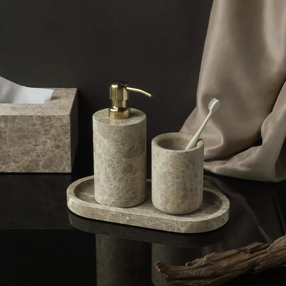 Bathroom Accessory Set Handcrafted Emperador Light Marble 7-Piece