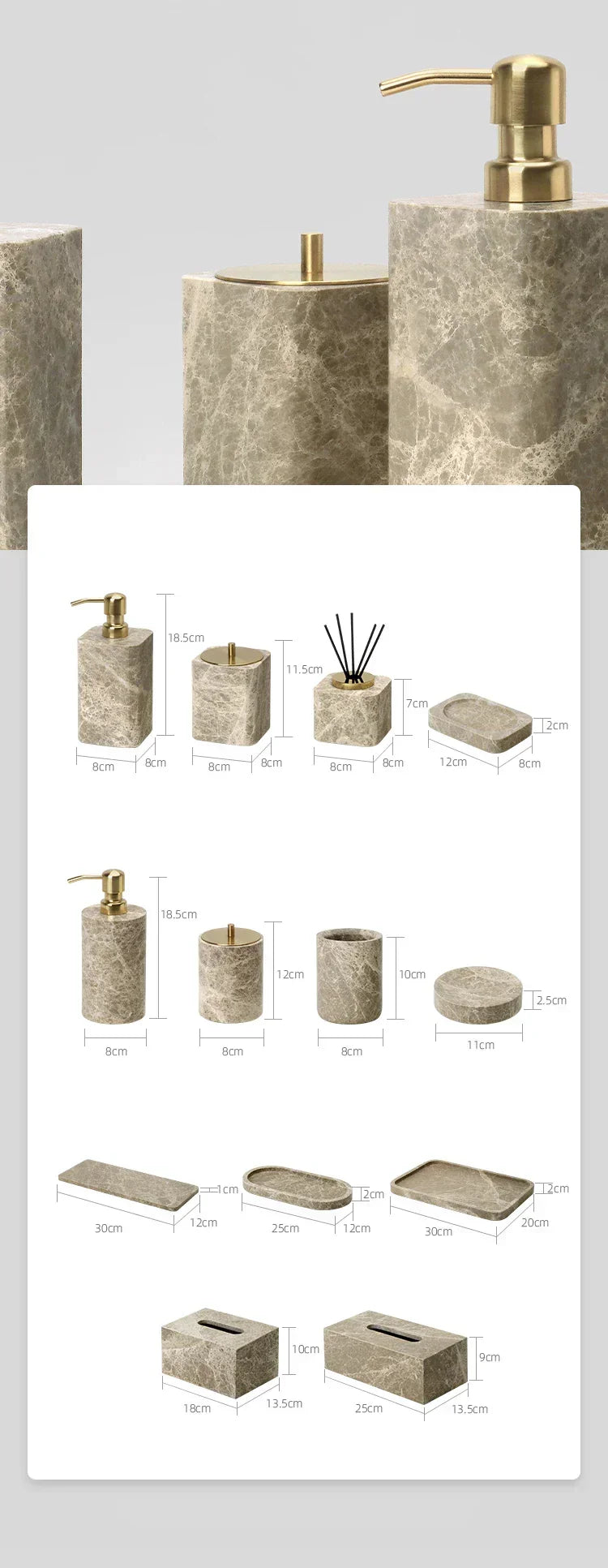 Bathroom Accessory Set Handcrafted Emperador Light Marble 7-Piece