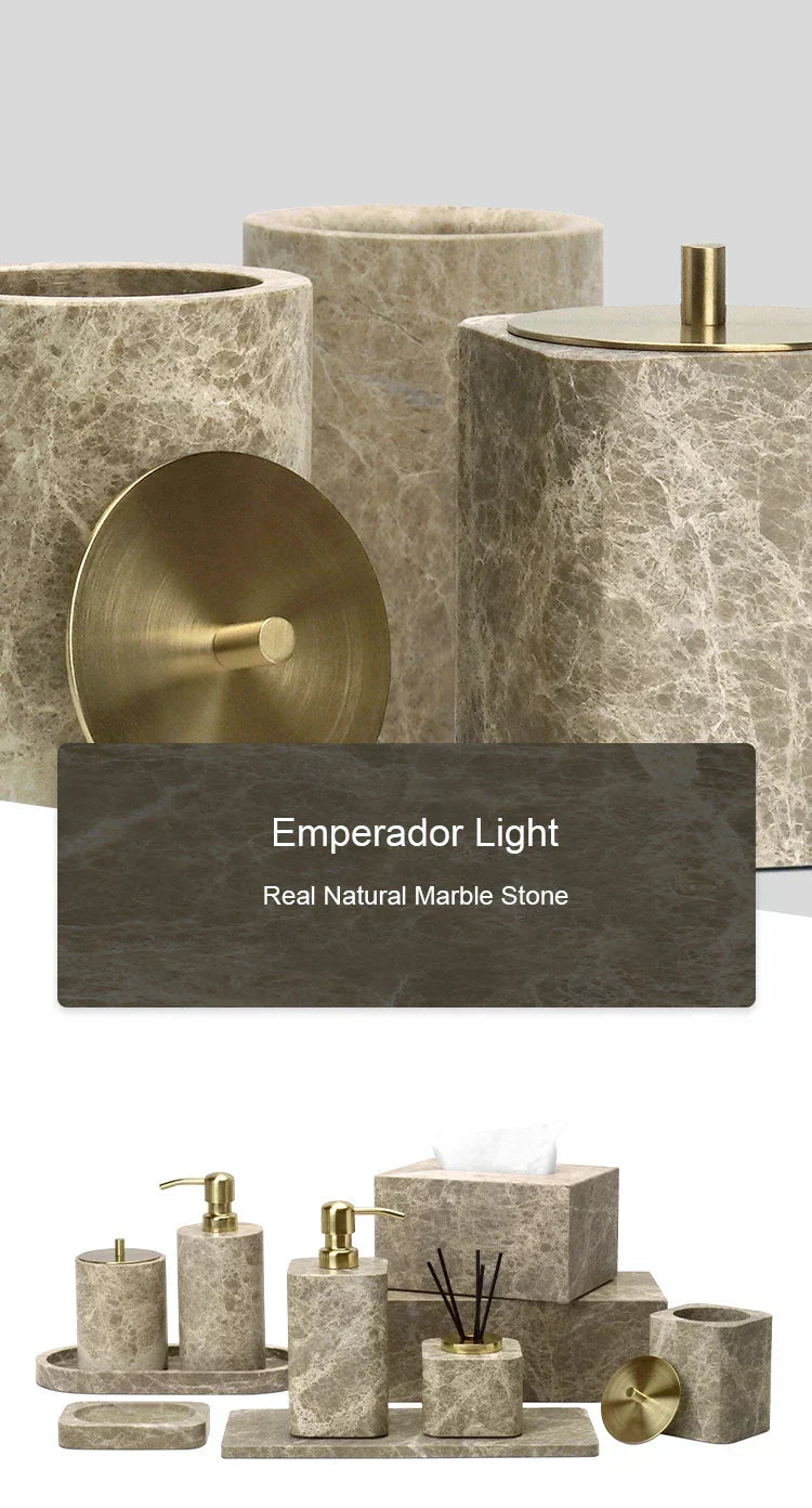 Bathroom Accessory Set Handcrafted Emperador Light Marble 7-Piece