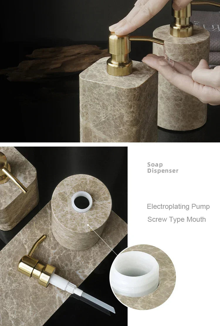 Bathroom Accessory Set Handcrafted Emperador Light Marble 7-Piece