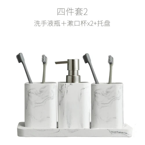 Bathroom Accessory Set Marble-Effect & Water-Resistant 4-Piece