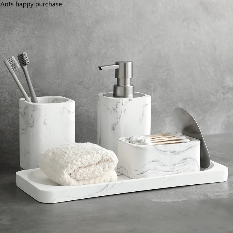 Bathroom Accessory Set Marble-Effect & Water-Resistant 4-Piece