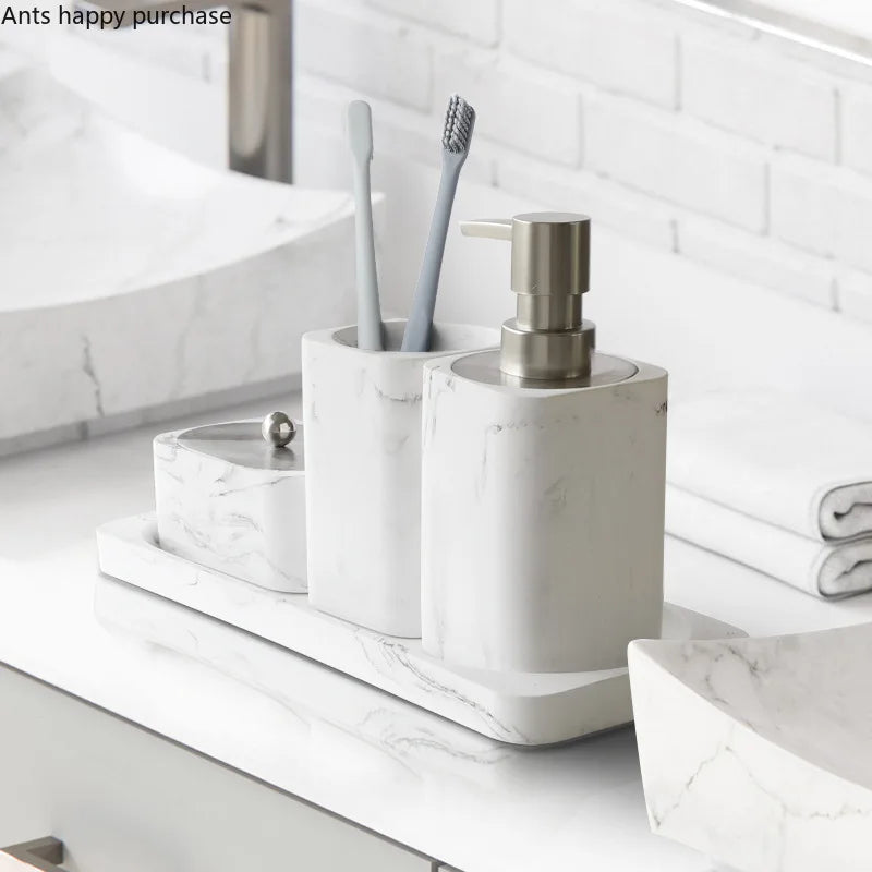 Bathroom Accessory Set Marble-Effect & Water-Resistant 4-Piece