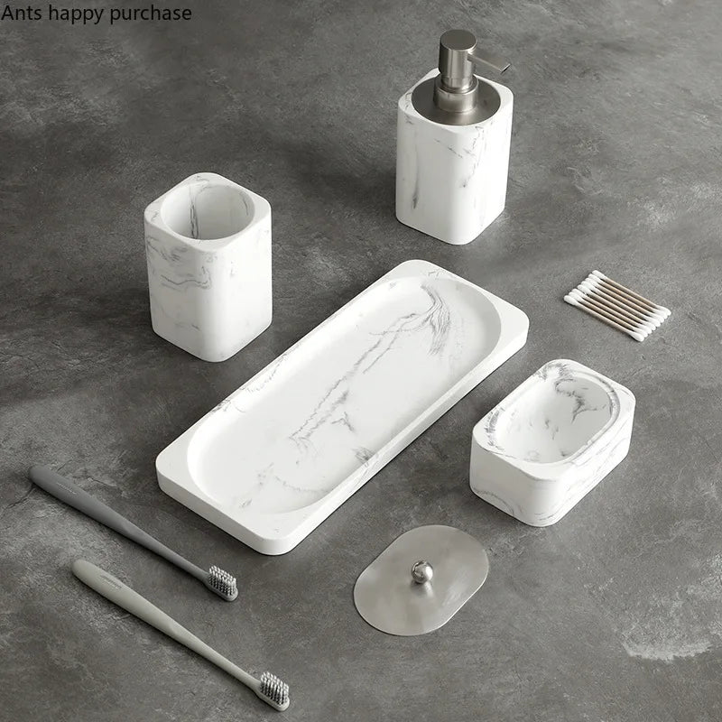 Bathroom Accessory Set Marble-Effect & Water-Resistant 4-Piece