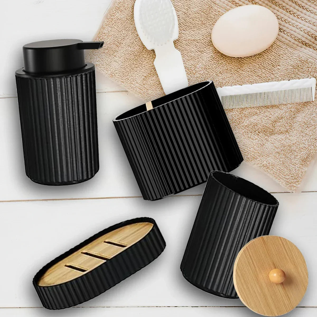 Bathroom Accessory Set Matte Black Plastic 4-Piece