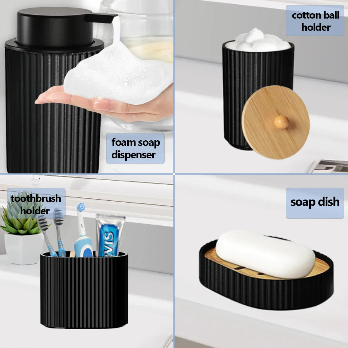 Bathroom Accessory Set Matte Black Plastic 4-Piece