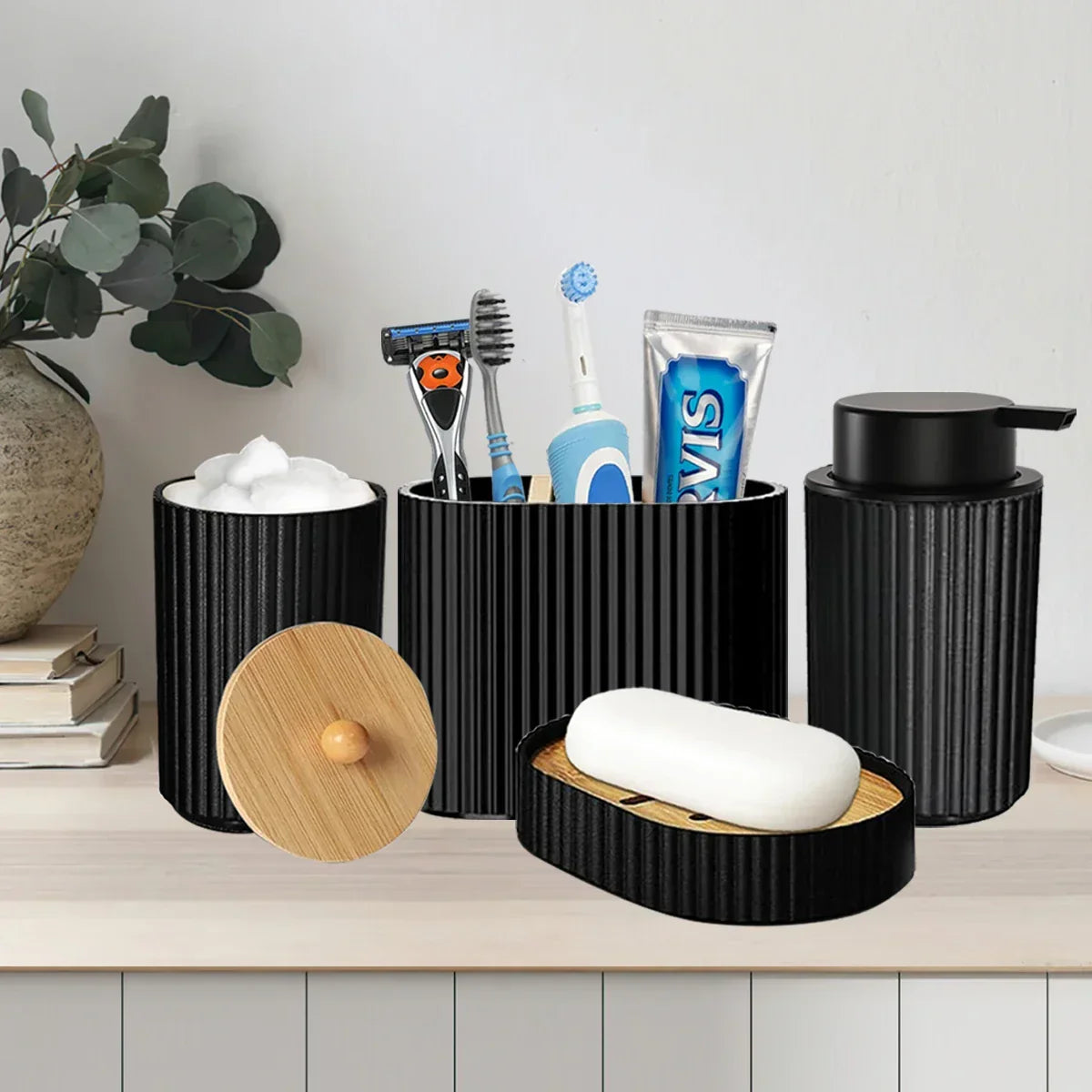Bathroom Accessory Set Matte Black Plastic 4-Piece