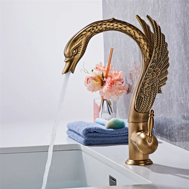 Bathroom Faucet Swan-Shaped Waterfall Brass Ceramic Cartridge