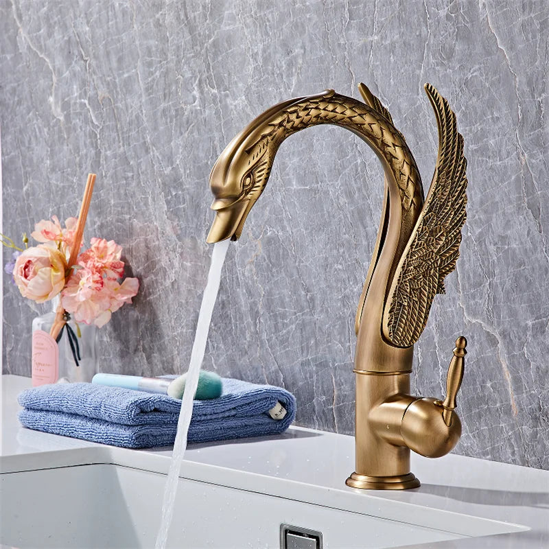 Bathroom Faucet Swan-Shaped Waterfall Brass Ceramic Cartridge
