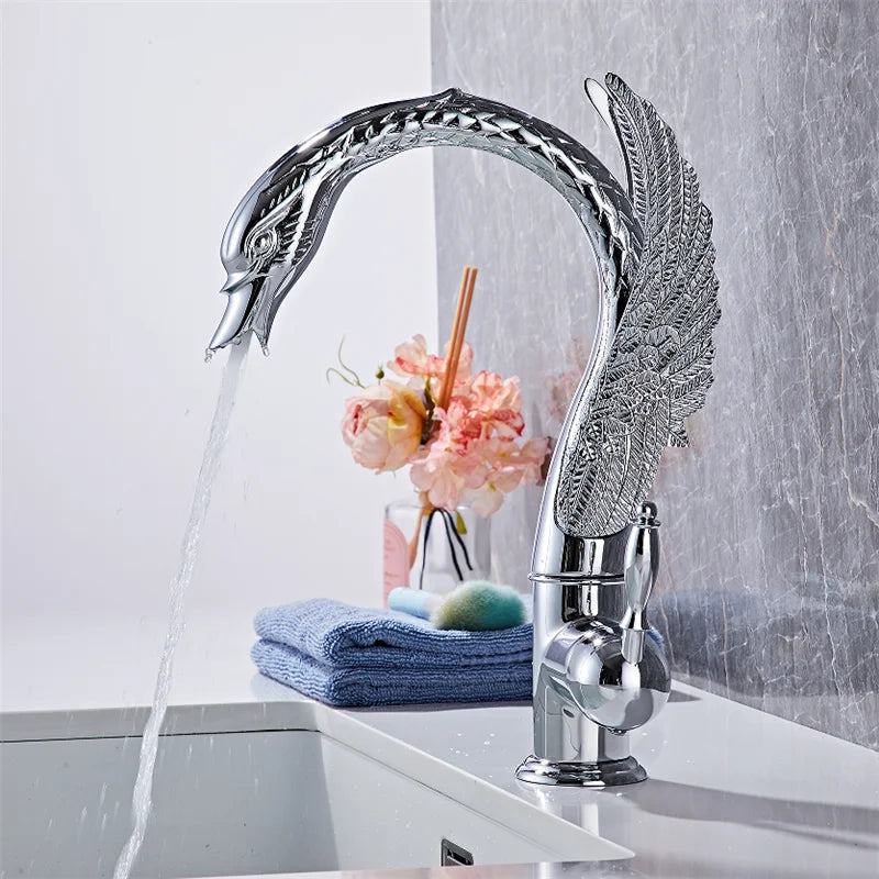Bathroom Faucet Swan-Shaped Waterfall Brass Ceramic Cartridge
